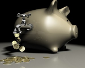 Euro cents currency flowing out of a faucet on the piggy bank - 3d render