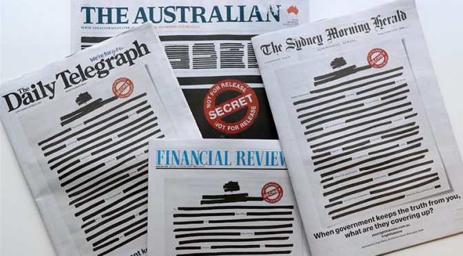 オーストラリア ライフスタイル＆ビジネス研究所：新聞主要紙、1面が抗議の黒塗り記事